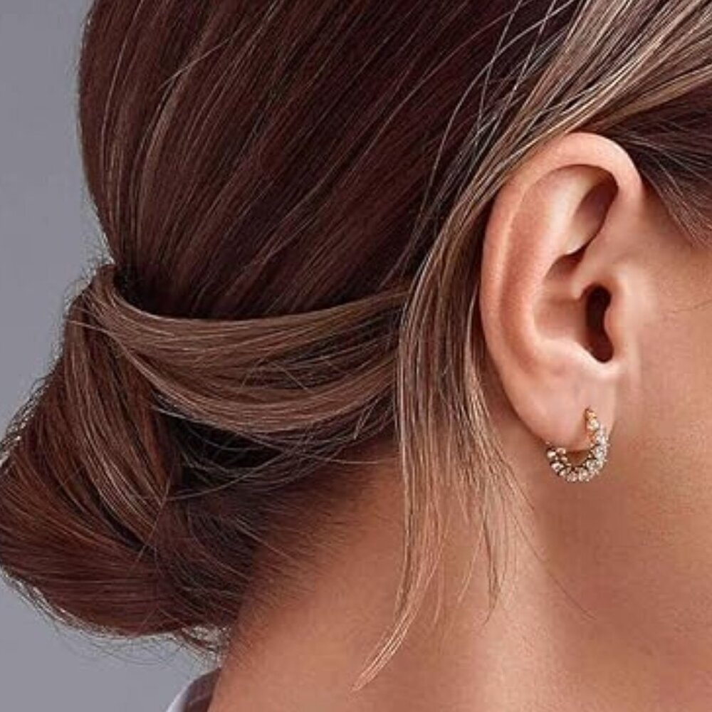 Women's 14K Gold Plated 925 Yellow Gold Cubic Zirconia Hoop Dainty Earrings - Picture 5 of 6